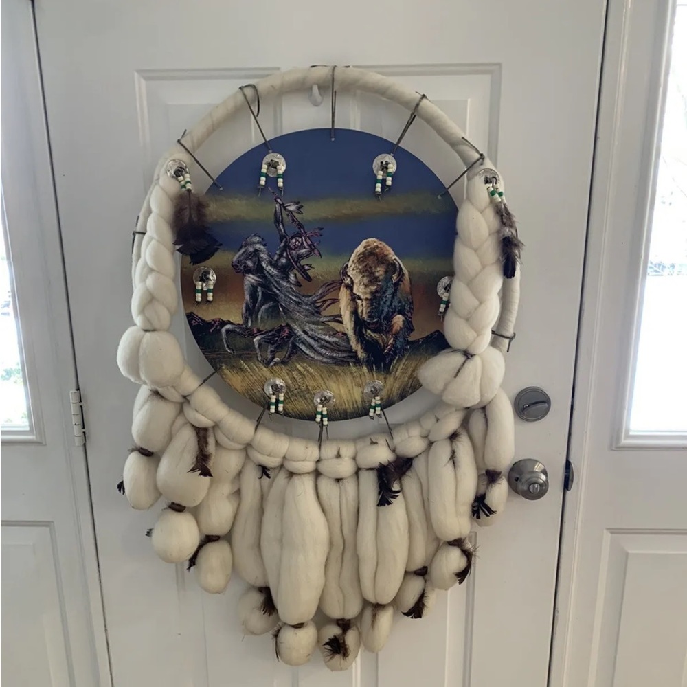 Vintage Large Dream Catcher Fur Wool Feathers Native American Beaded handpainted